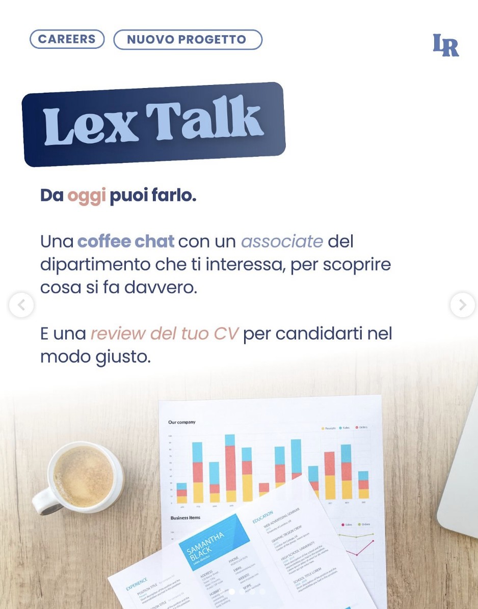 Il post di LegalRise che annuncia Lex Talk: una coffee chat con un associate e una review del CV